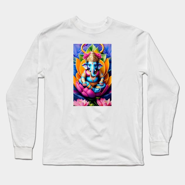 Baby Ganesh sitting o a Lotus Flower Long Sleeve T-Shirt by mariasshop